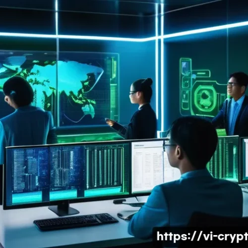 암호화폐 보안 감사 기준 및 절차 - A high-tech cybersecurity audit scene focused on cryptocurrency smart contract security, featuring a...