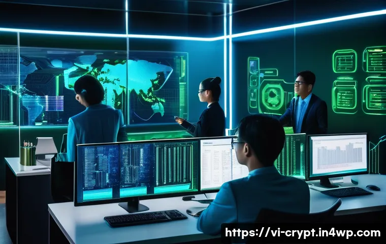 암호화폐 보안 감사 기준 및 절차 - A high-tech cybersecurity audit scene focused on cryptocurrency smart contract security, featuring a...