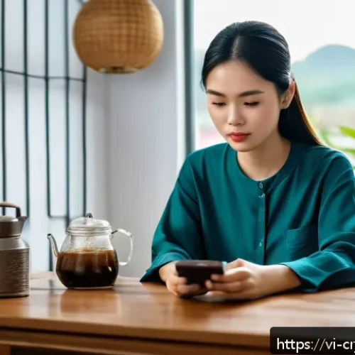 가장 일반적인 암호화폐 보안 위협 - A detailed digital illustration of a Vietnamese young adult cautiously using a smartphone in a cozy ...