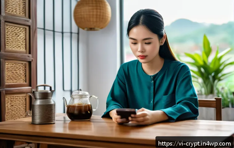 가장 일반적인 암호화폐 보안 위협 - A detailed digital illustration of a Vietnamese young adult cautiously using a smartphone in a cozy ...